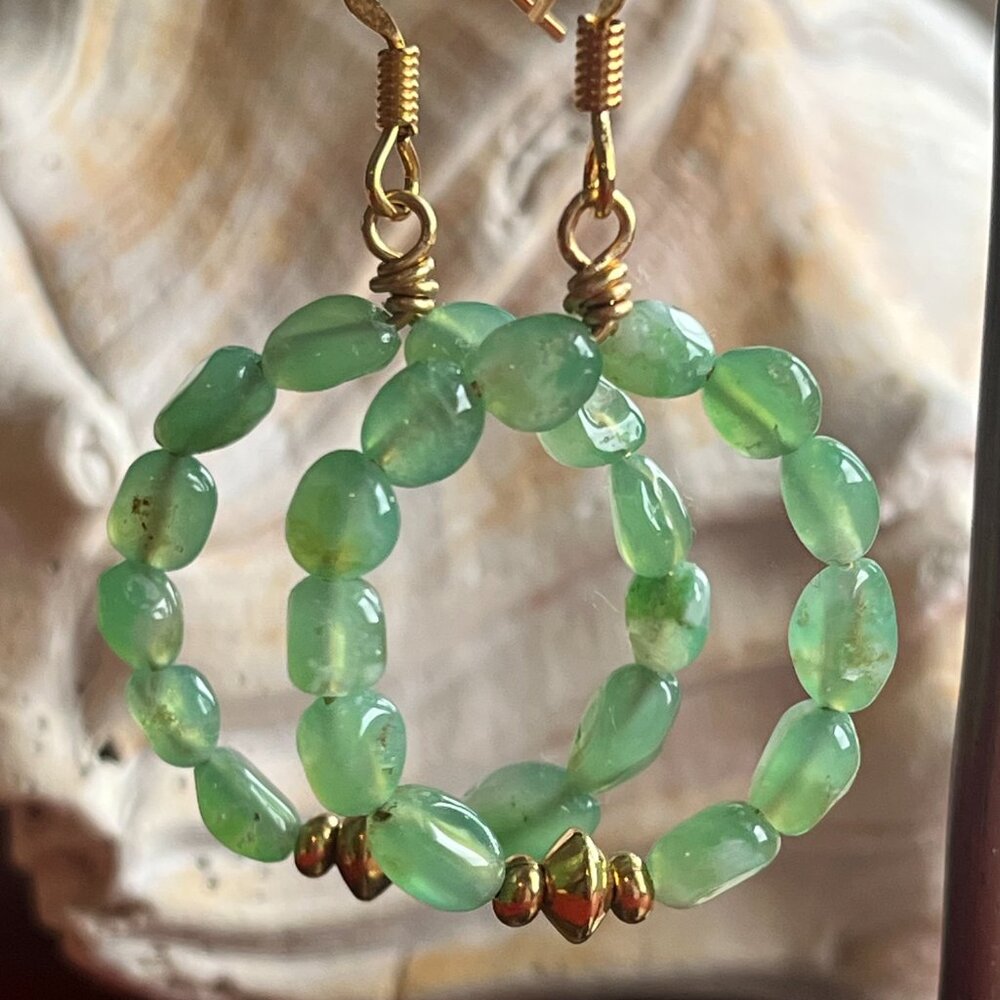 Gemstone Beaded Hoop Earrings | Chrysoprase Green Dangle Earrings